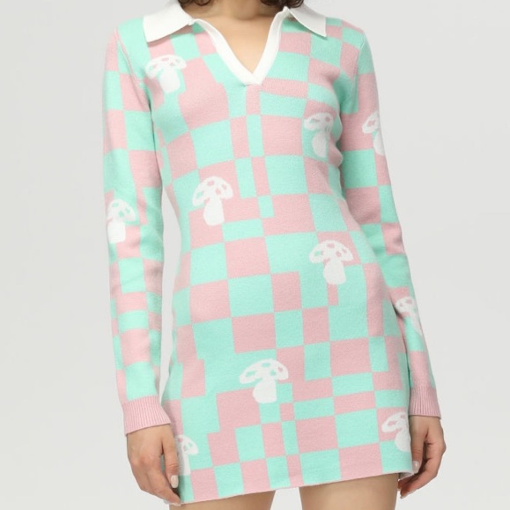 Mushroom Check Knitted Dress M